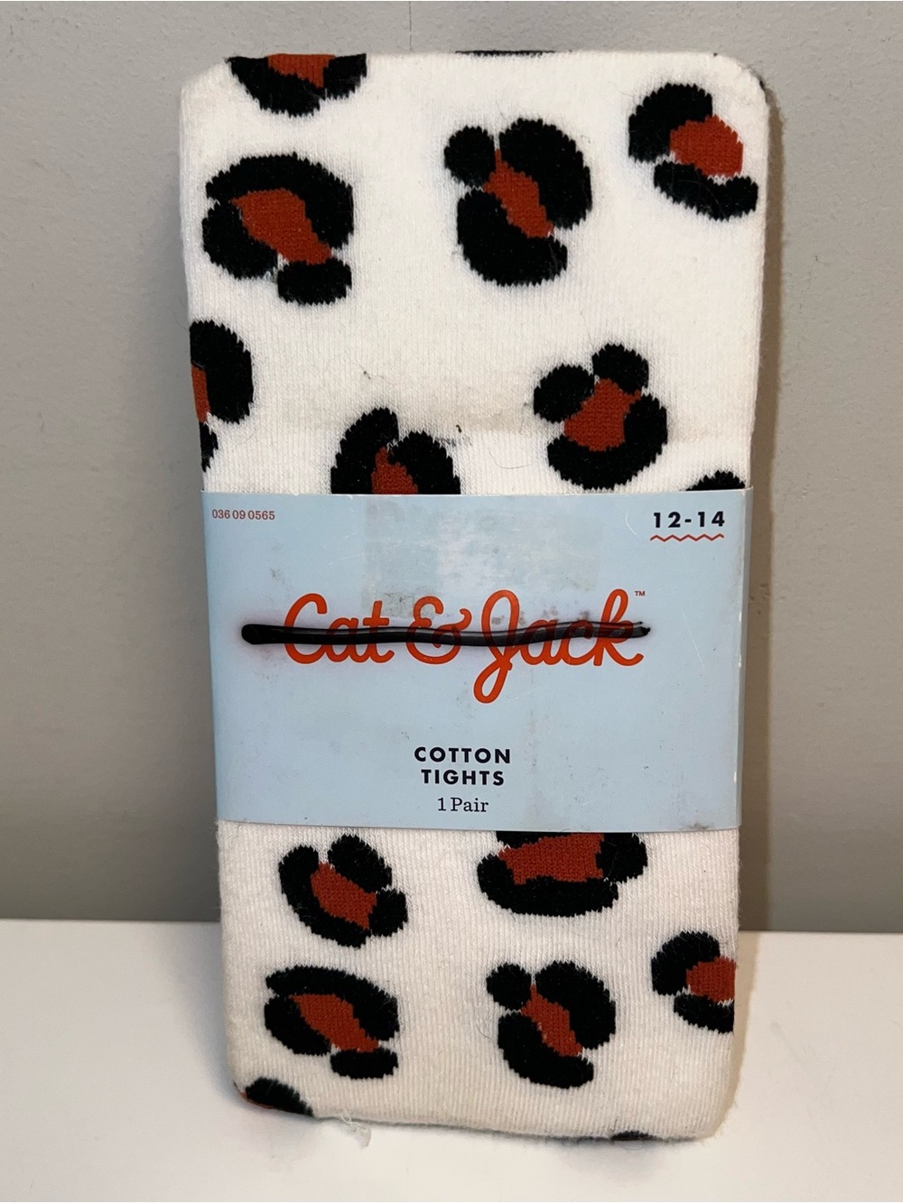 Cat & Jack White Cotton Tights with Black and Rust Leopard Print